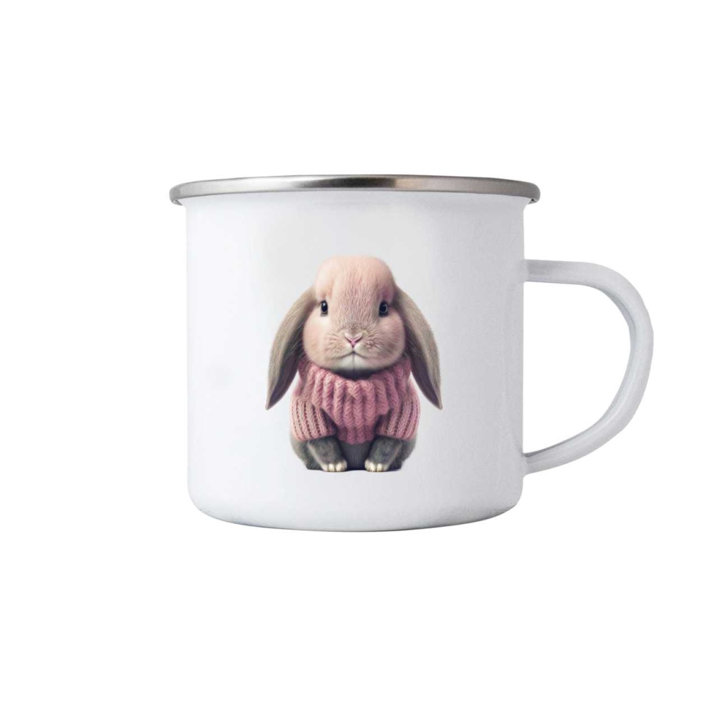 Biely plechový hrnček 380ml s obrázkom - králiček vo svetri