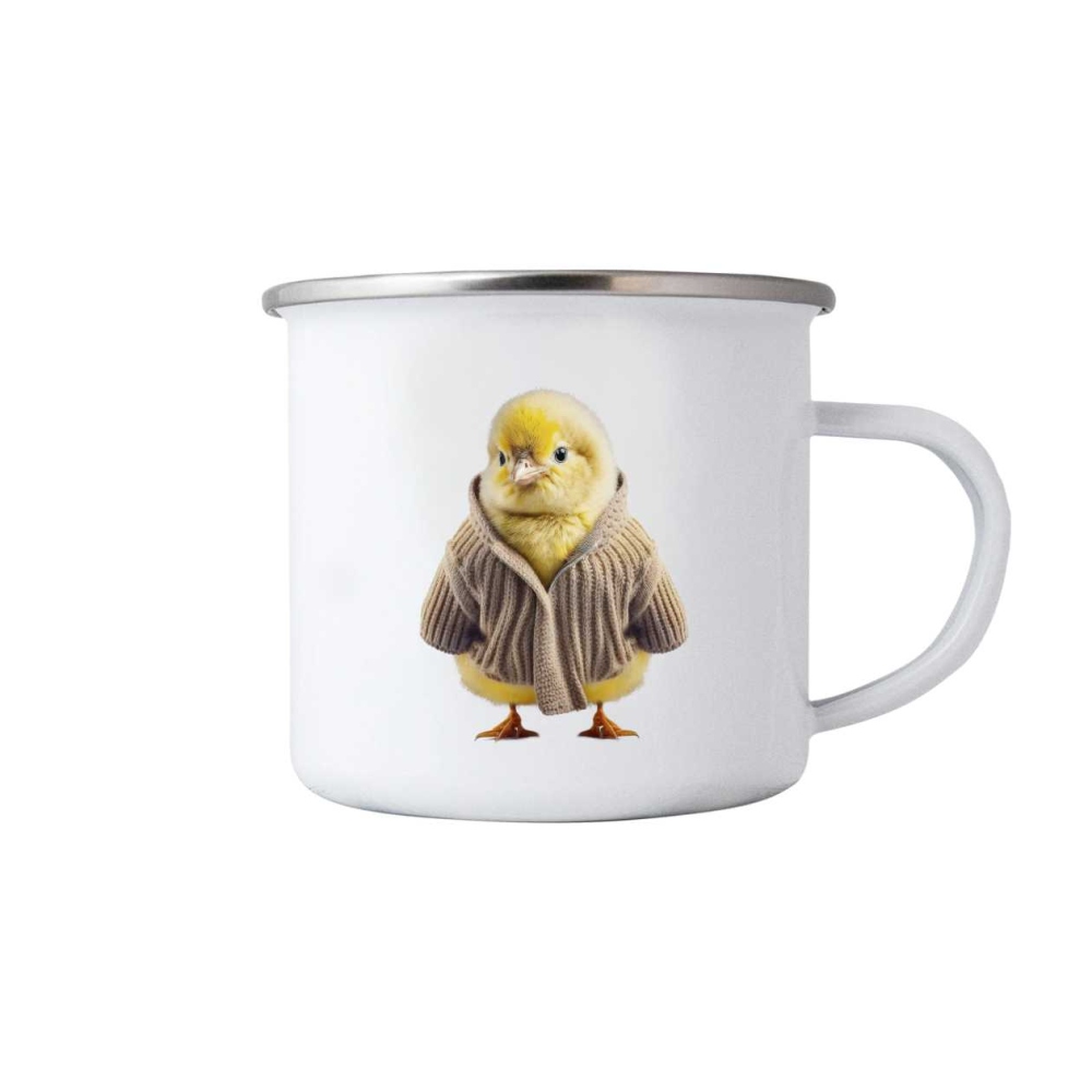 Biely plechový hrnček 380ml s obrázkom - kura vo svetri