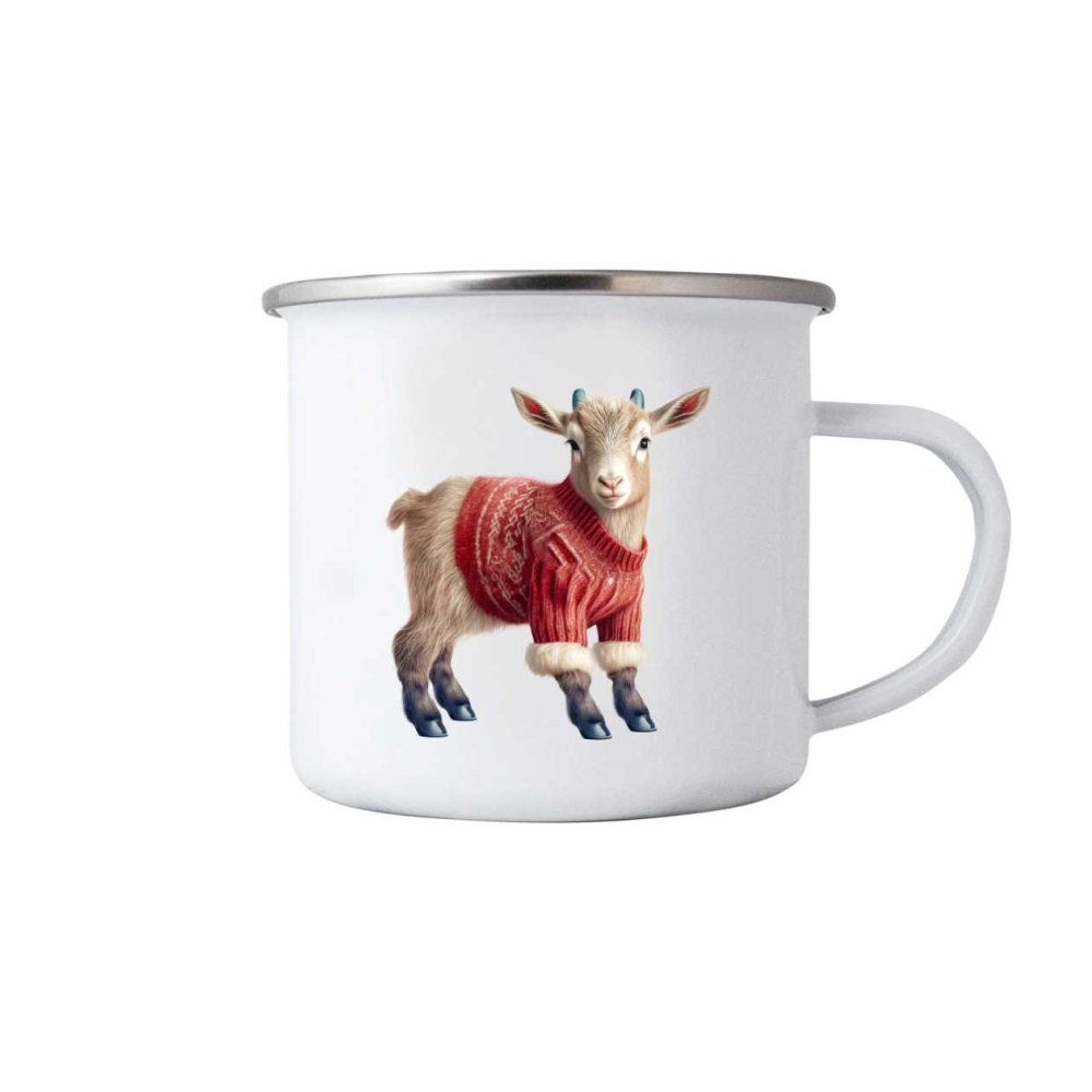 Biely plechový hrnček 380ml s obrázkom - kozľa v svetri