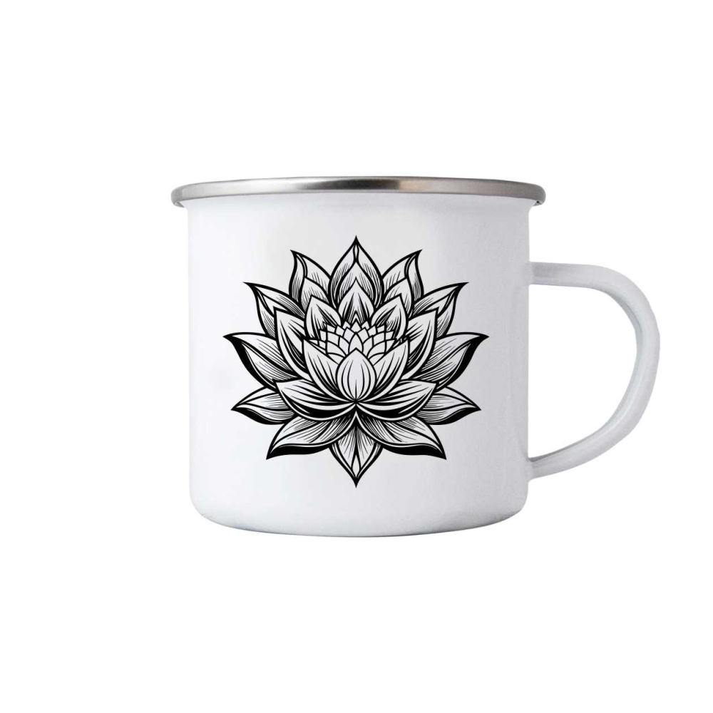 Biely plechový hrnček 380ml s obrázkom - kvet lotosu