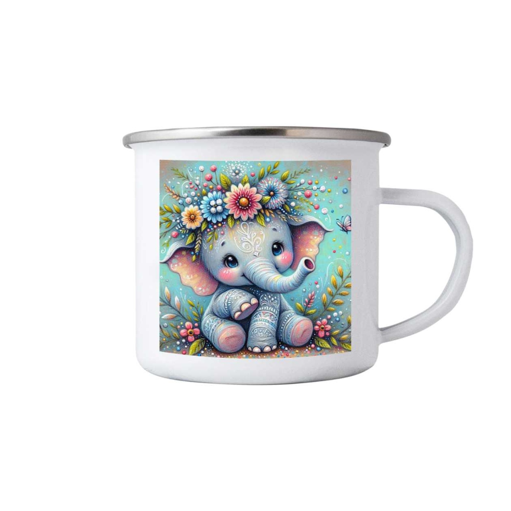 Biely plechový hrnček 380ml s obrázkom - kvetinový sloník