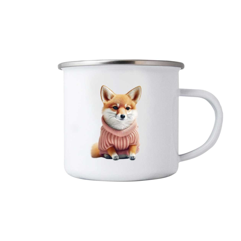 Biely plechový hrnček 380ml s obrázkom - líška vo svetri