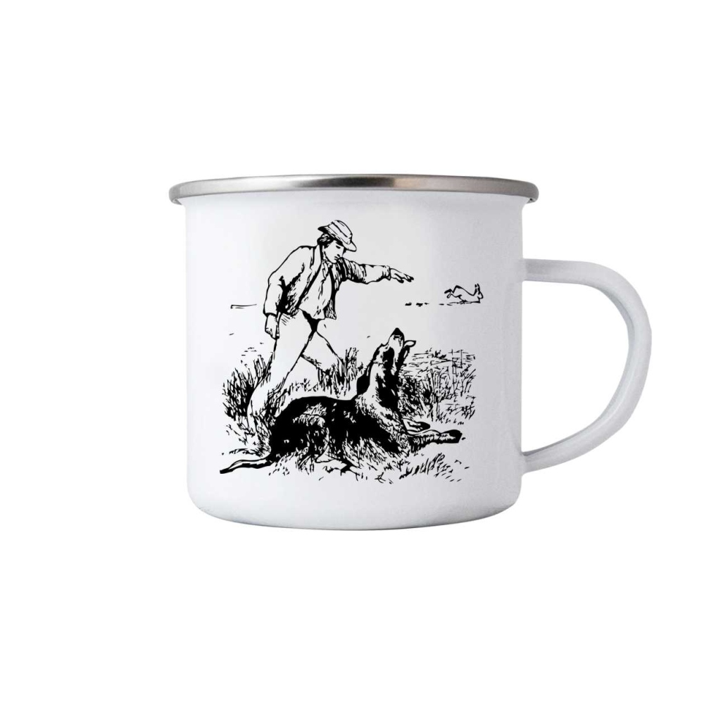 Biely plechový hrnček 380ml s obrázkom - lovec a pes
