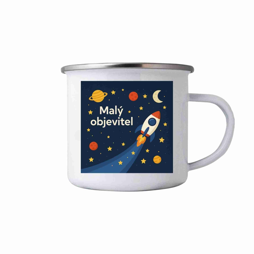 Biely plechový hrnček 380ml s obrázkom - malý objaviteľ