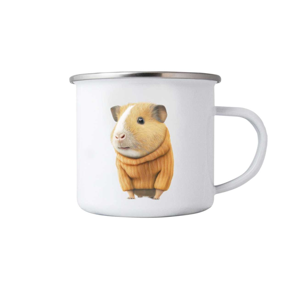 Biely plechový hrnček 380ml s obrázkom - morča vo svetri