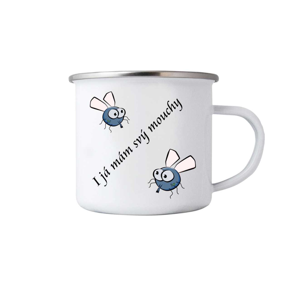 Biely plechový hrnček 380ml s obrázkom - muchy