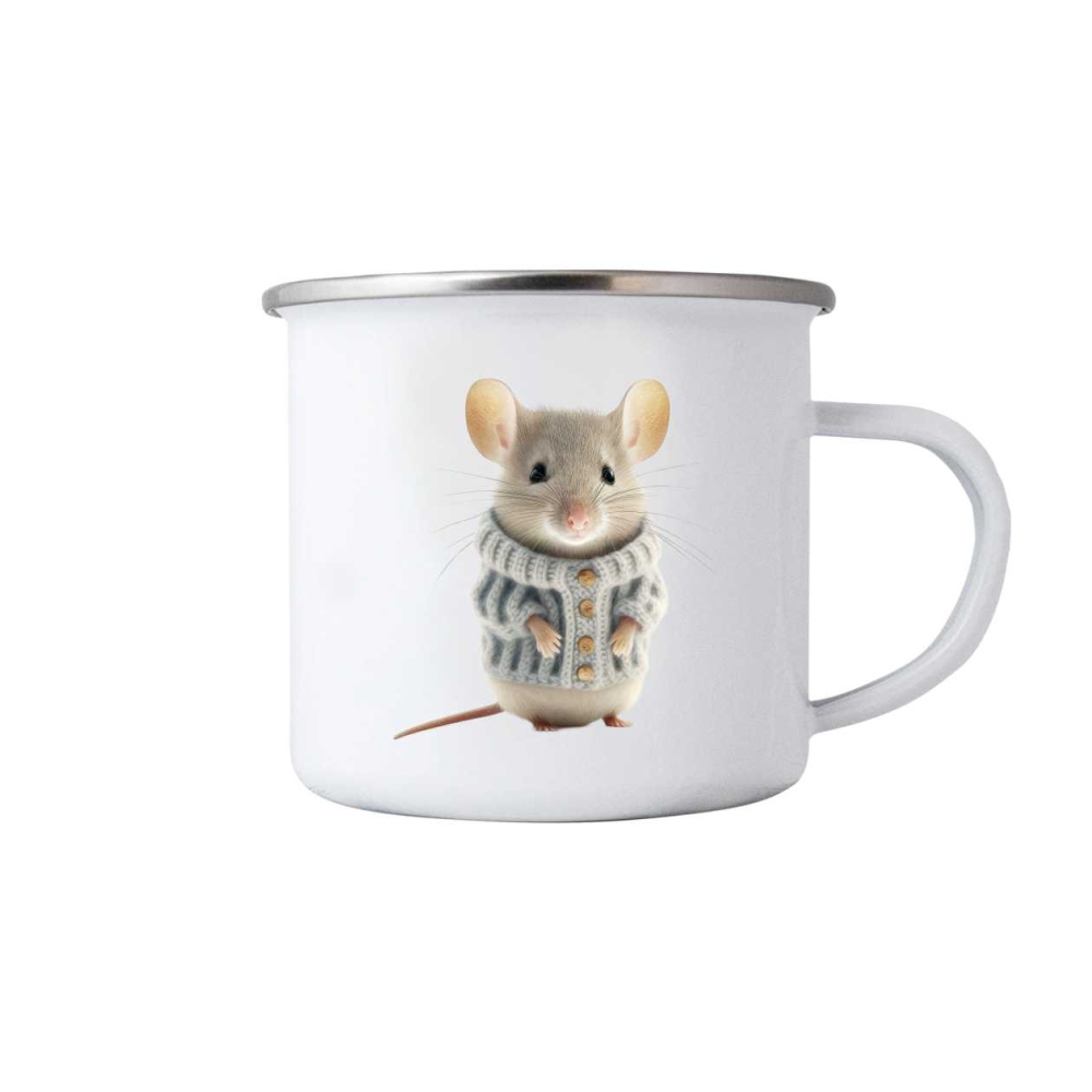 Biely plechový hrnček 380ml s obrázkom - myš vo svetri