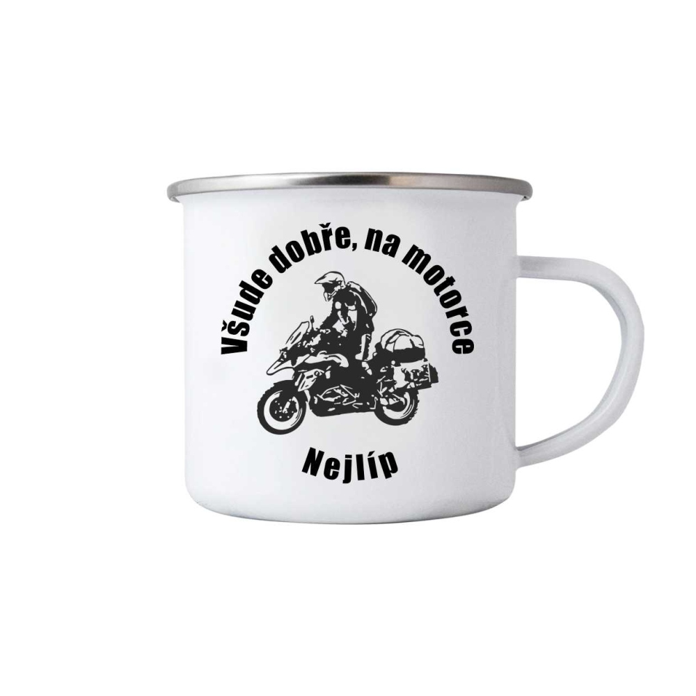 Biely plechový hrnček 380ml s obrázkom - na motorke najlepšie