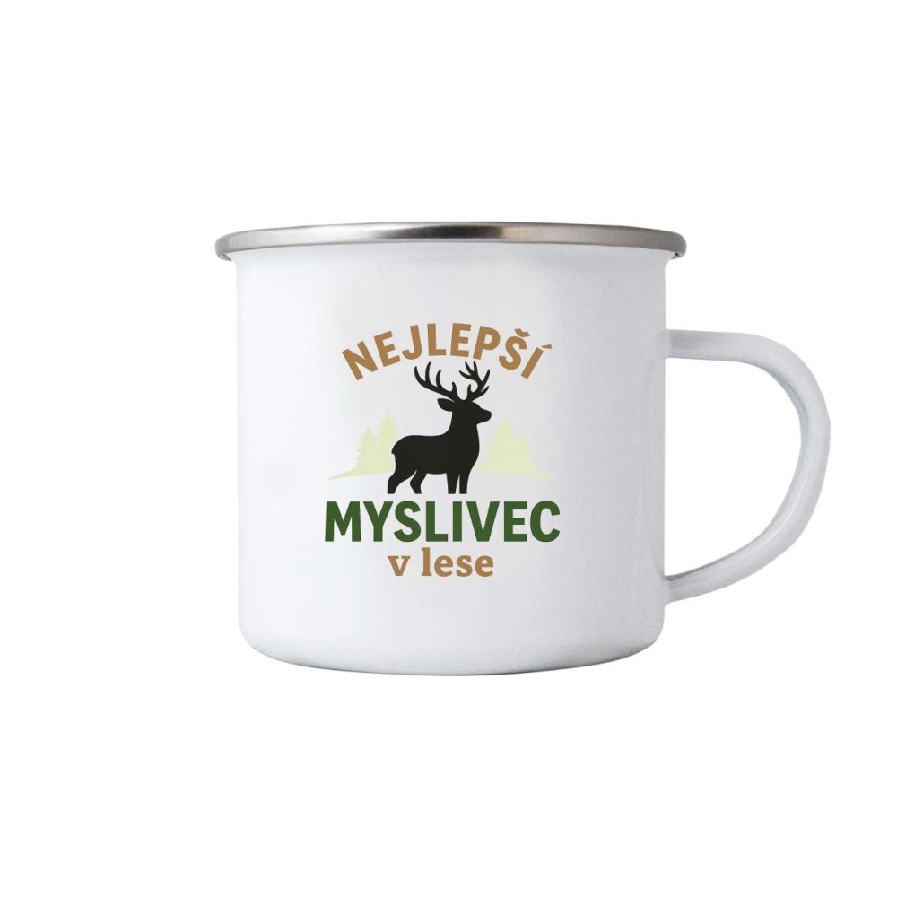 Biely plechový hrnček 380ml s obrázkom - najlepší poľovník