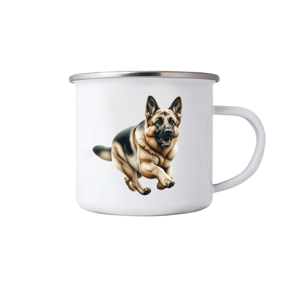 Biely plechový hrnček 380ml s obrázkom - nemecký ovčiak v pohybe