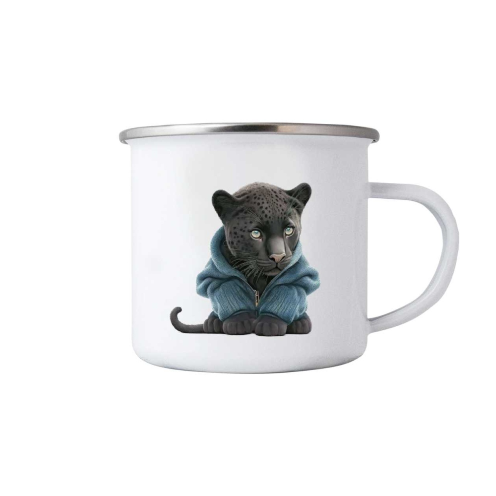 Biely plechový hrnček 380ml s obrázkom - panter v mikine