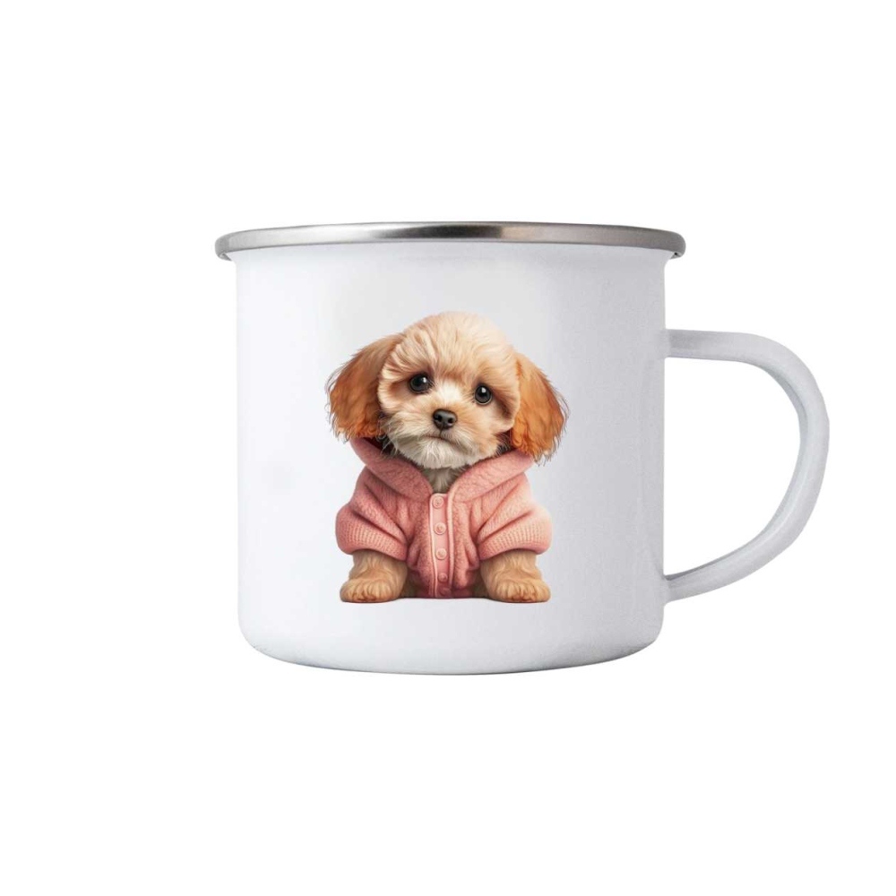 Biely plechový hrnček 380ml s obrázkom - psík vo svetri