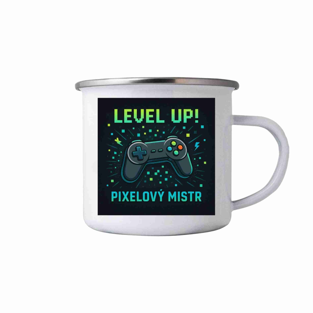 Biely plechový hrnček 380ml s obrázkom - pixelový majster