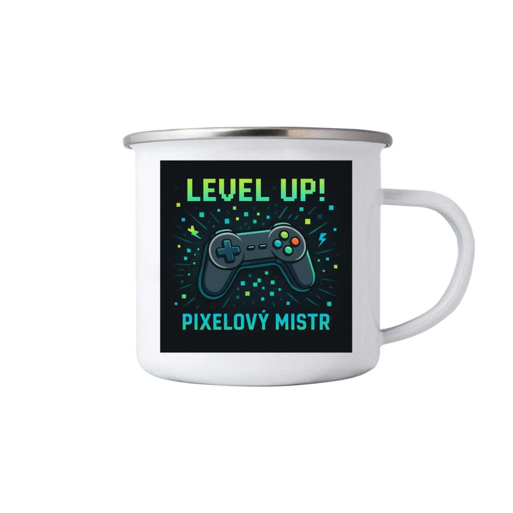 Biely plechový hrnček 380ml s obrázkom - pixelový majster