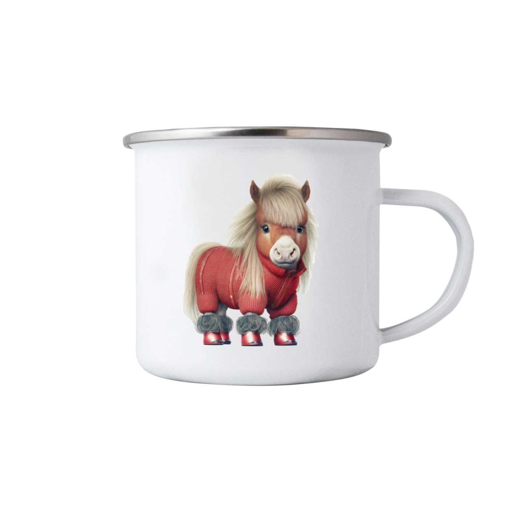 Biely plechový hrnček 380ml s obrázkom - poník vo svetri