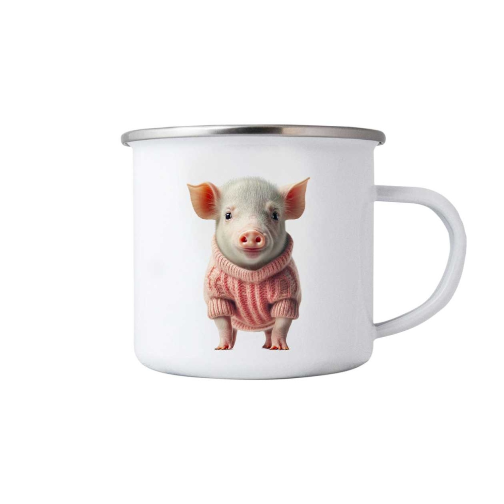 Biely plechový hrnček 380ml s obrázkom - prasiatko vo svetri