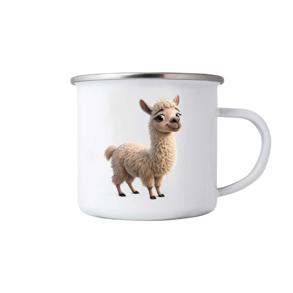 Biely plechový hrnček 380ml s obrázkom - priateľská lama