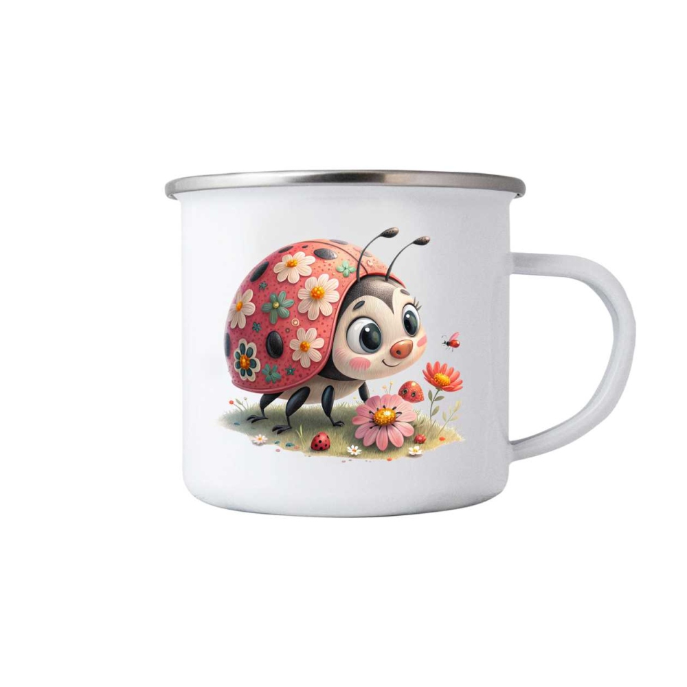 Biely plechový hrnček 380ml s obrázkom - roztomilá lienka