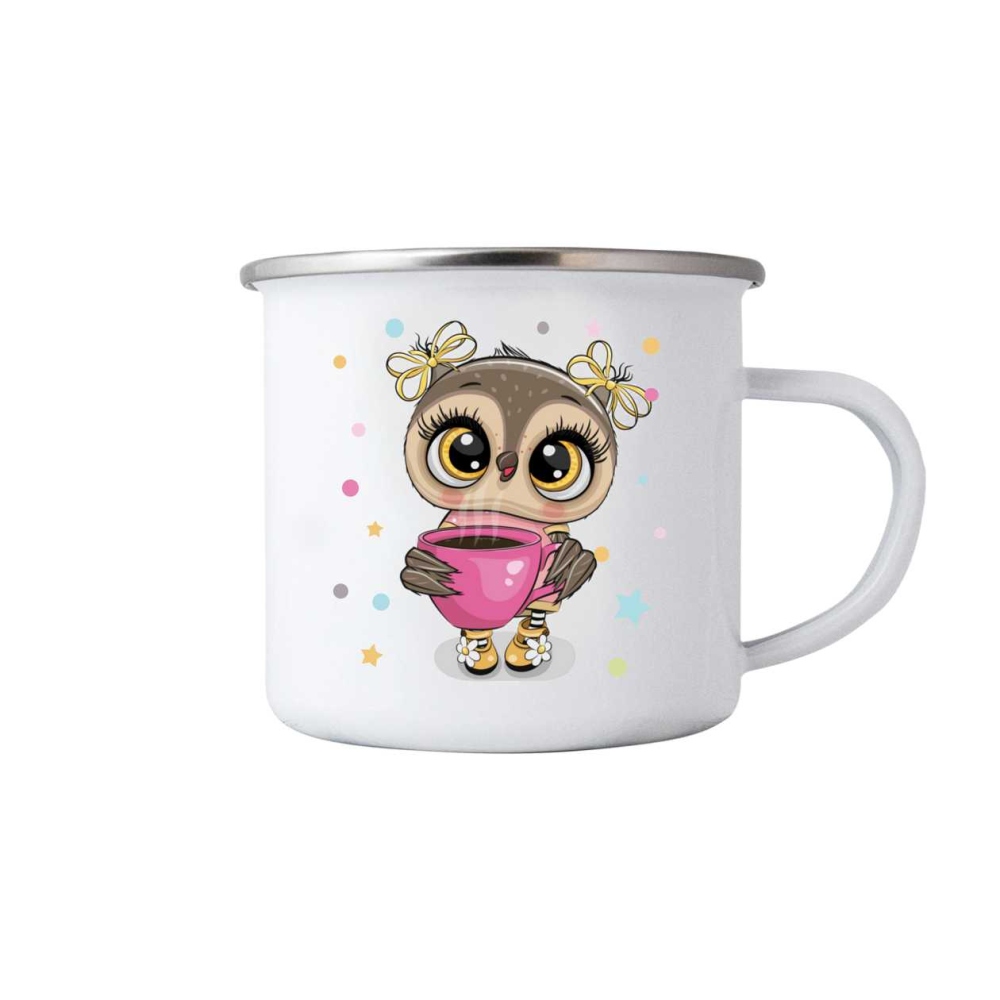 Biely plechový hrnček 380ml s obrázkom - roztomilá sovička
