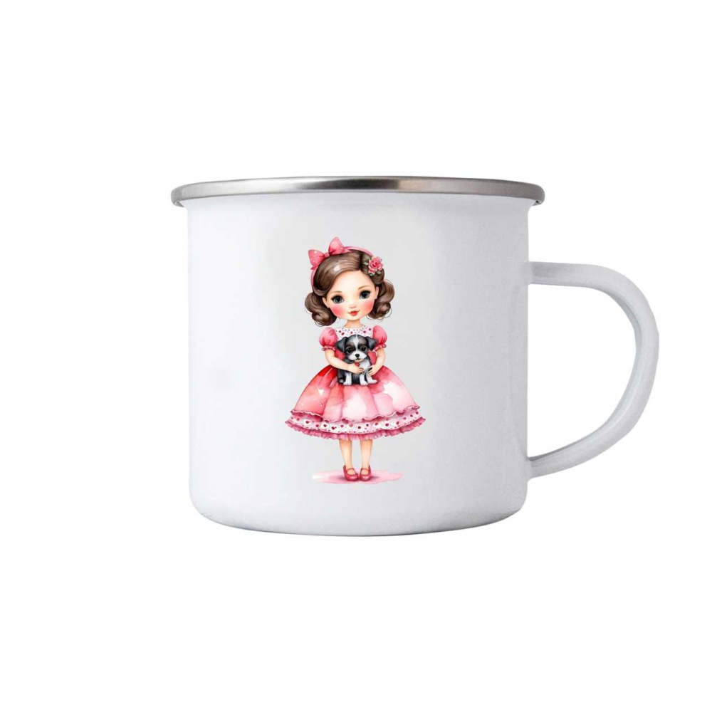 Biely plechový hrnček 380ml s obrázkom - ružové dievča so psíkom