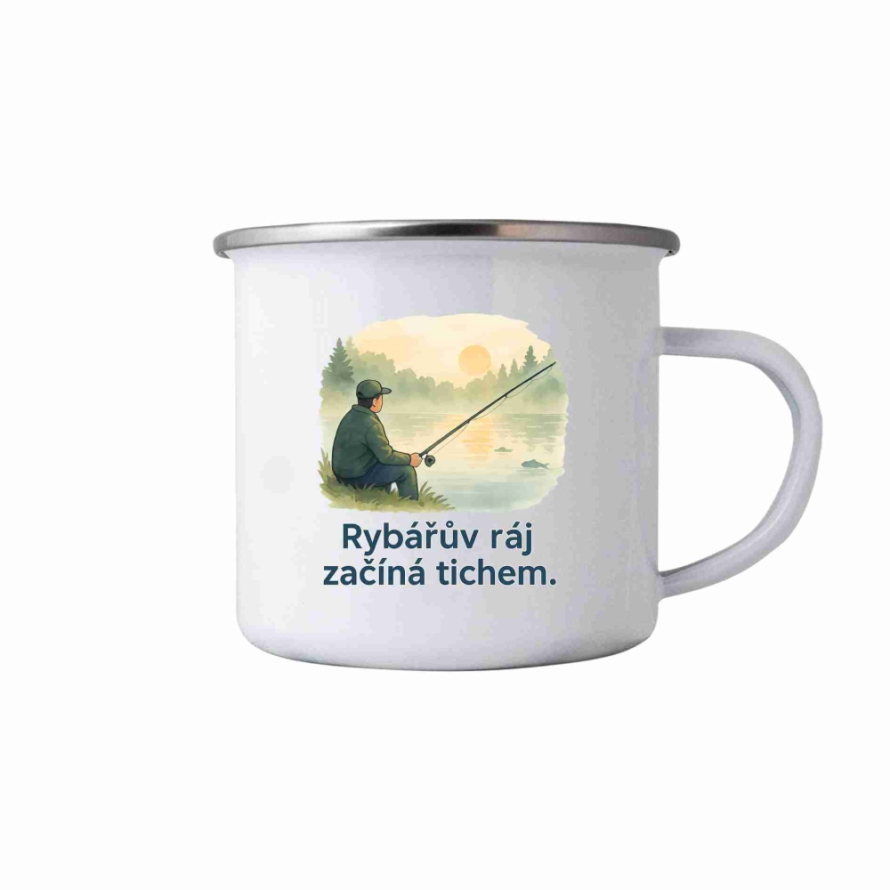 Biely plechový hrnček 380ml s obrázkom - rybárov raj