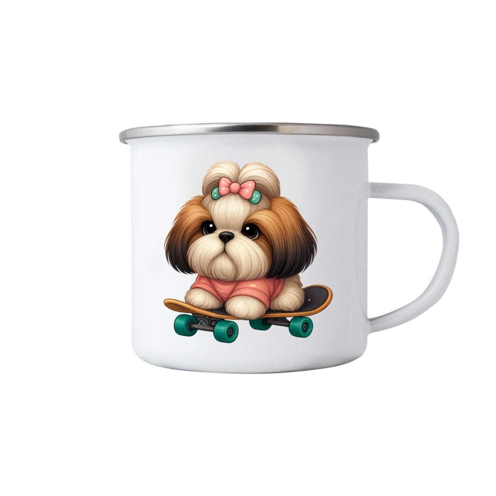 Biely plechový hrnček 380ml s obrázkom - shih-tzu na skateboarde