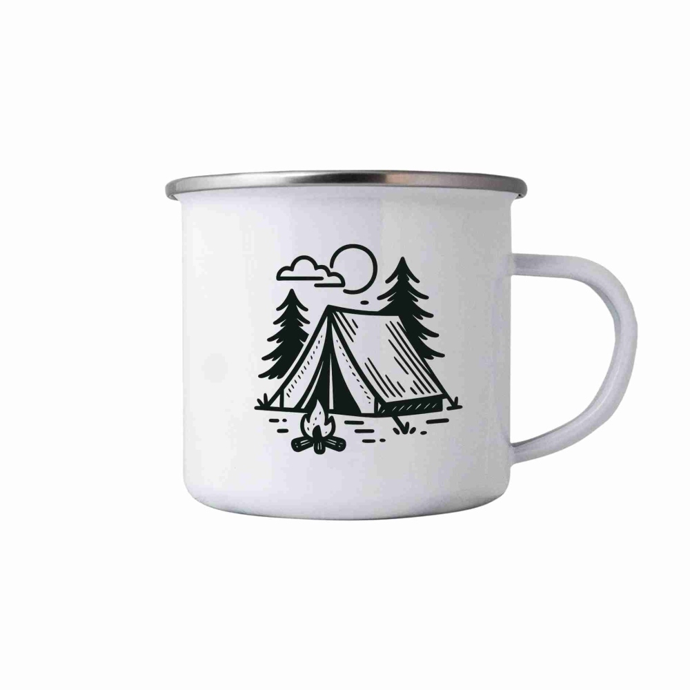 Biely plechový hrnček 380ml s obrázkom - stanovanie