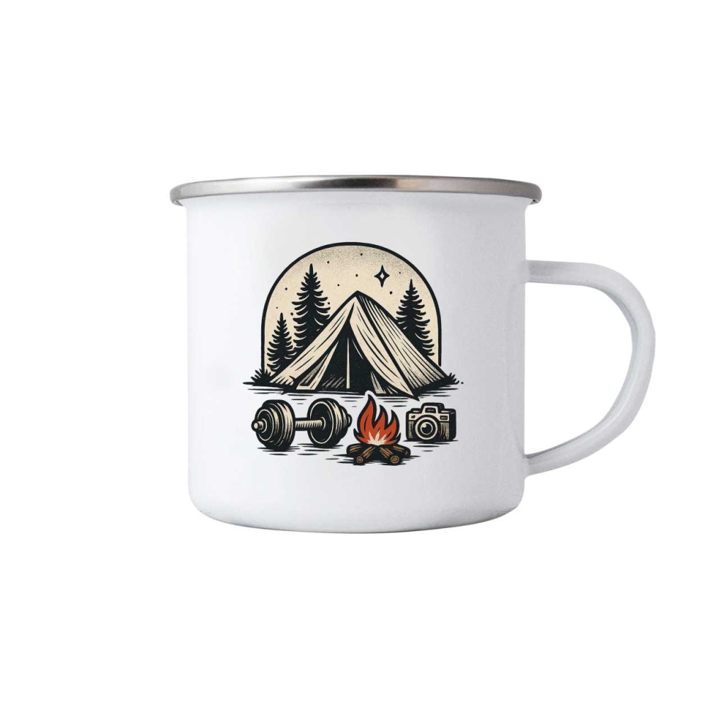 Biely plechový hrnček 380ml s obrázkom - stanovanie a záujmy