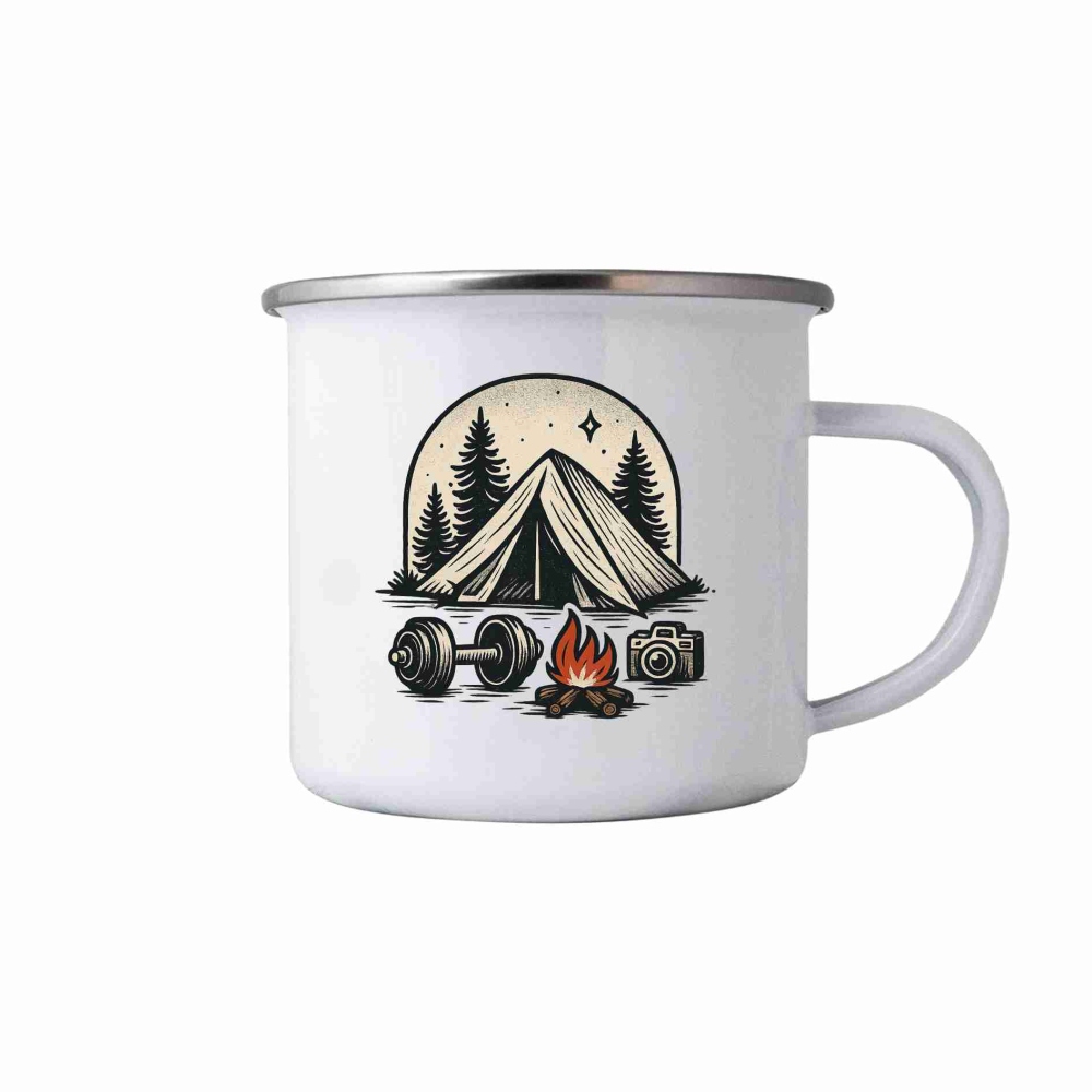 Biely plechový hrnček 380ml s obrázkom - stanovanie a záujmy