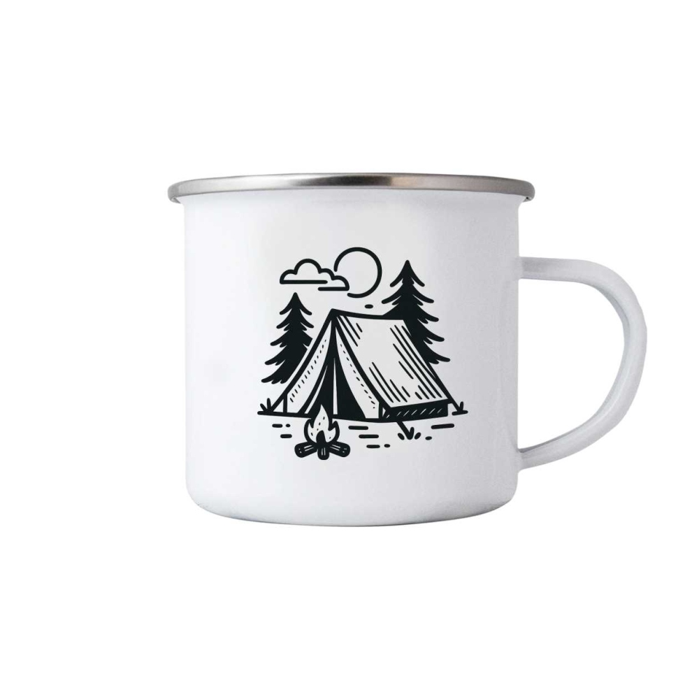 Biely plechový hrnček 380ml s obrázkom - stanovanie