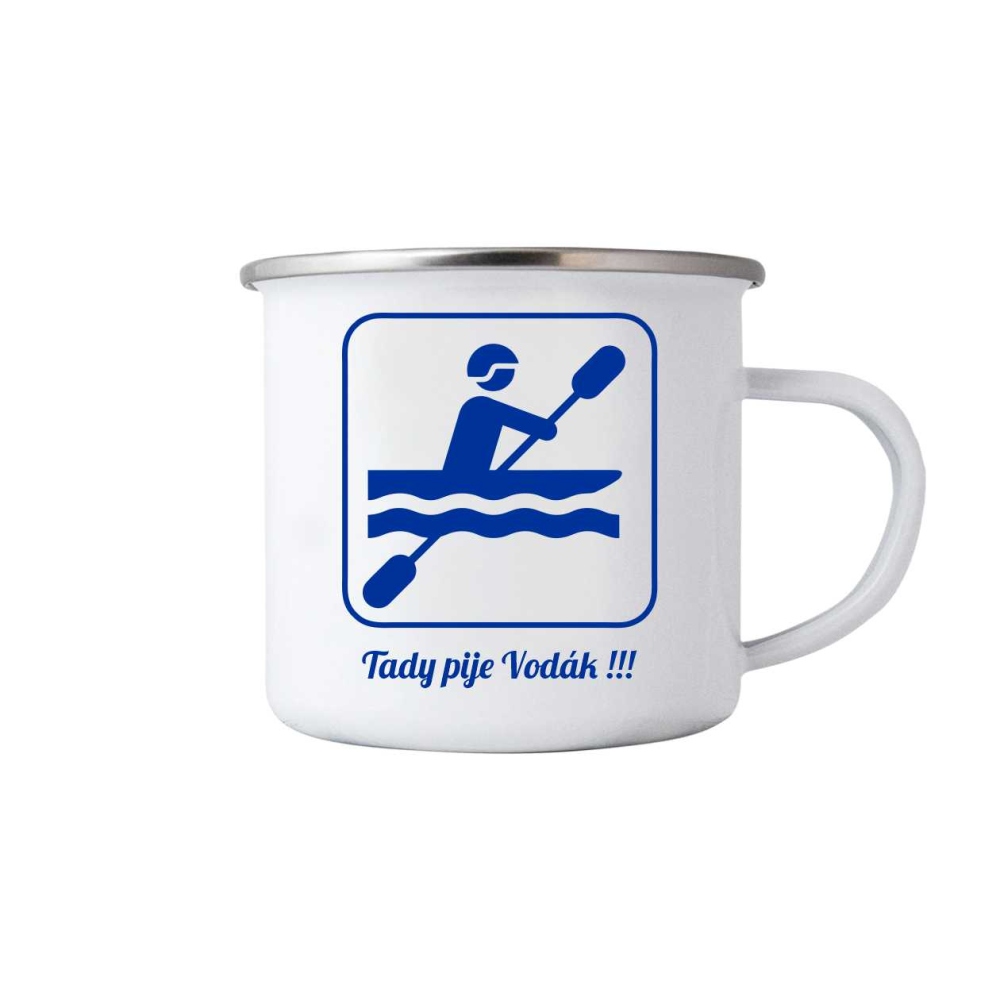 Biely plechový hrnček 380ml s obrázkom - tu pije vodák 1