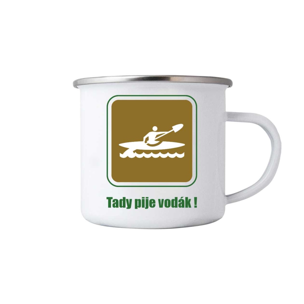 Biely plechový hrnček 380ml s obrázkom - tu pije vodák 2