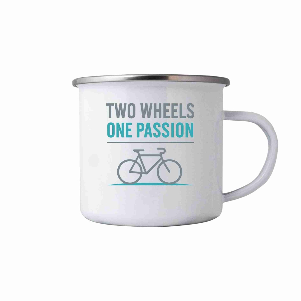 Biely plechový hrnček 380ml s obrázkom - two wheels