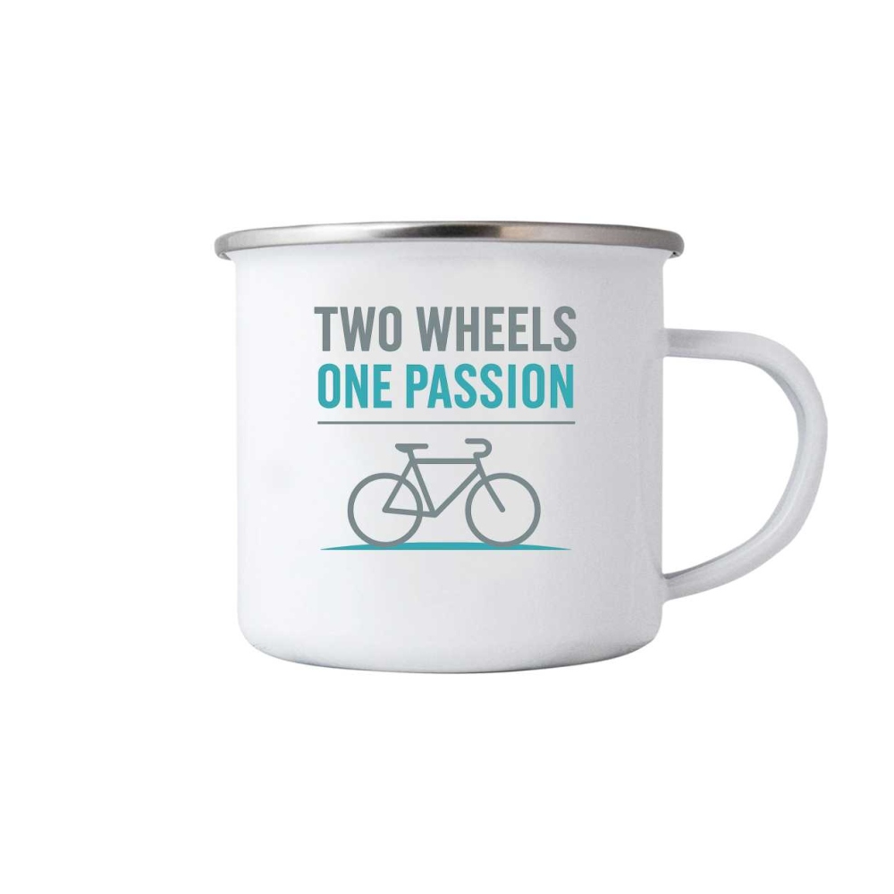 Biely plechový hrnček 380ml s obrázkom - two wheels