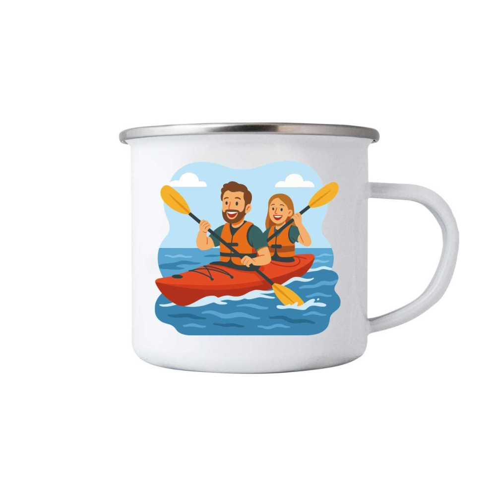 Biely plechový hrnček 380ml s obrázkom - veselé pádlovanie