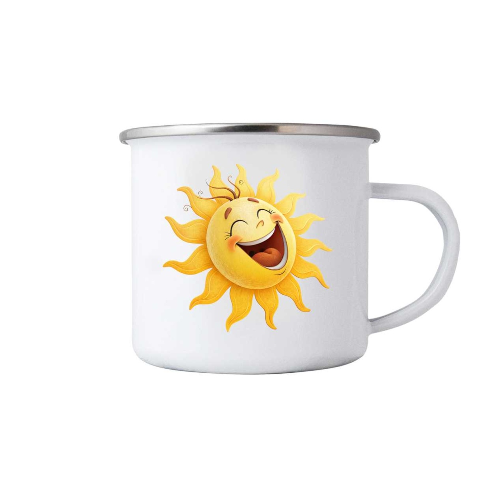 Biely plechový hrnček 380ml s obrázkom - veselé slnko