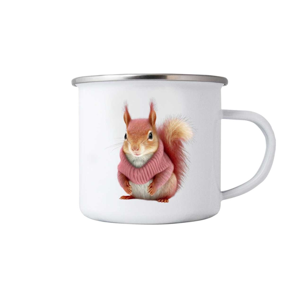 Biely plechový hrnček 380ml s obrázkom - veverička vo svetri