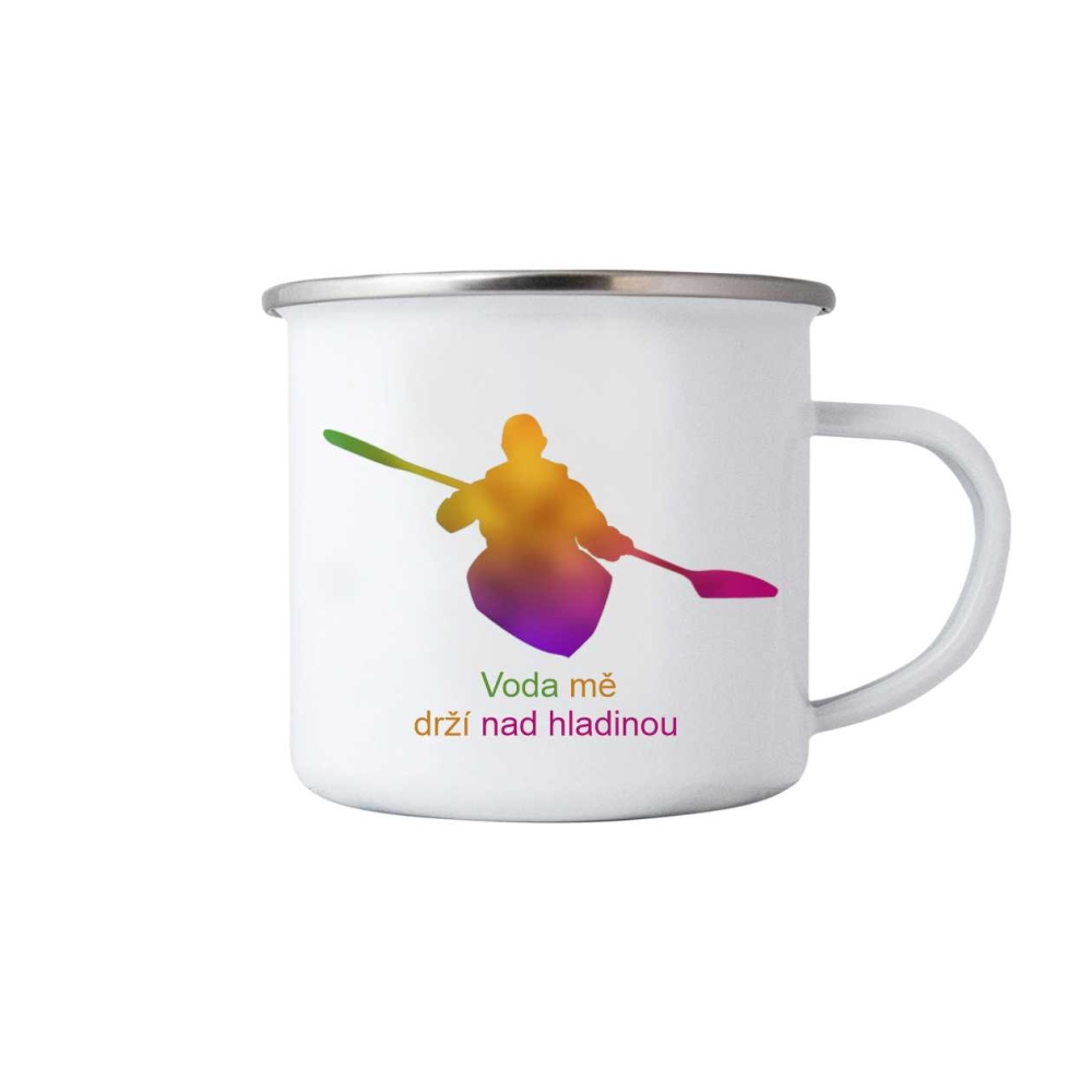 Biely plechový hrnček 380ml s obrázkom - voda ma drží