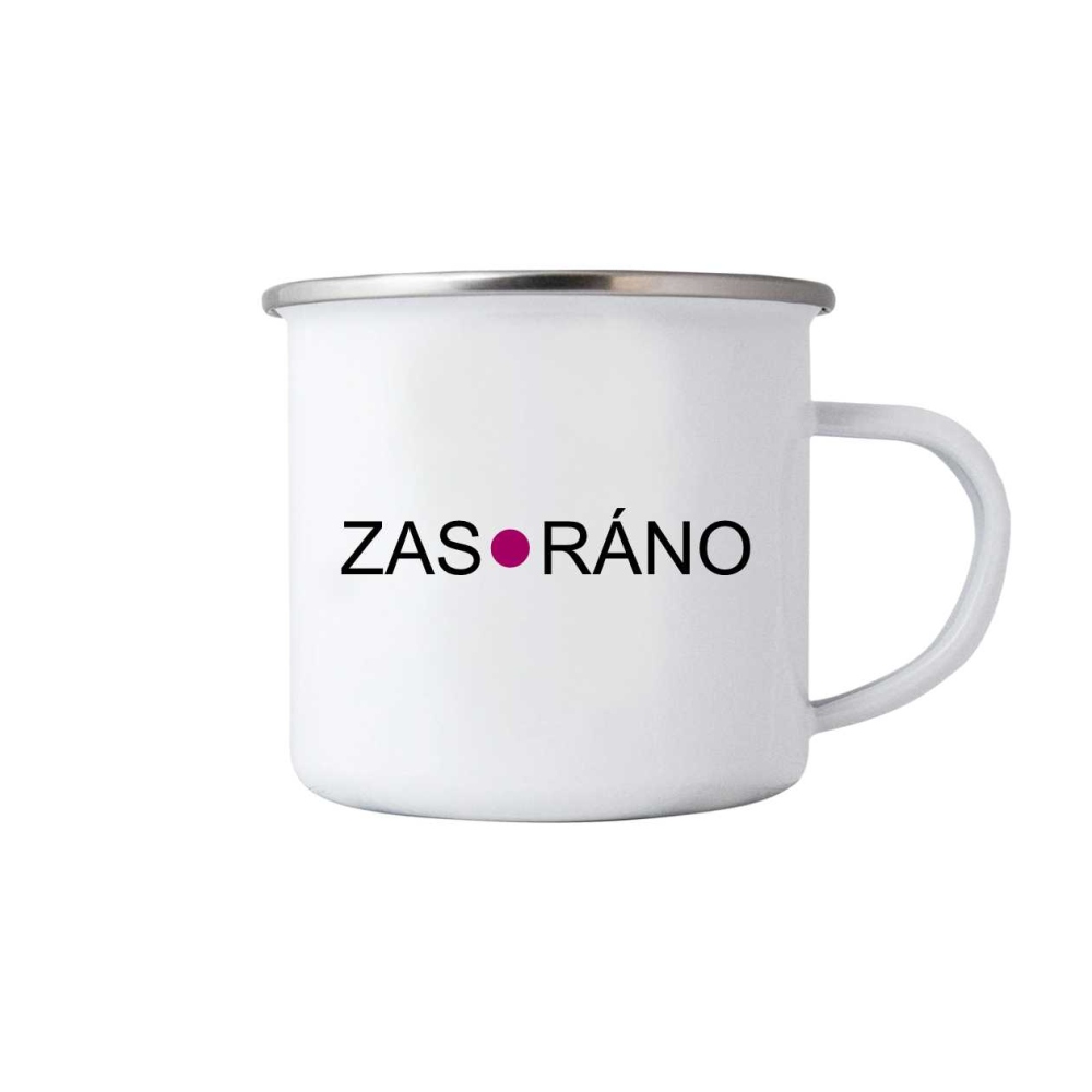 Biely plechový hrnček 380ml s obrázkom - zas ráno