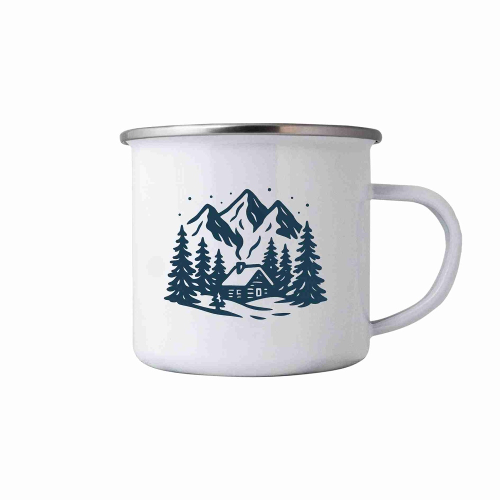 Biely plechový hrnček 380ml s obrázkom - zasnežené údolie