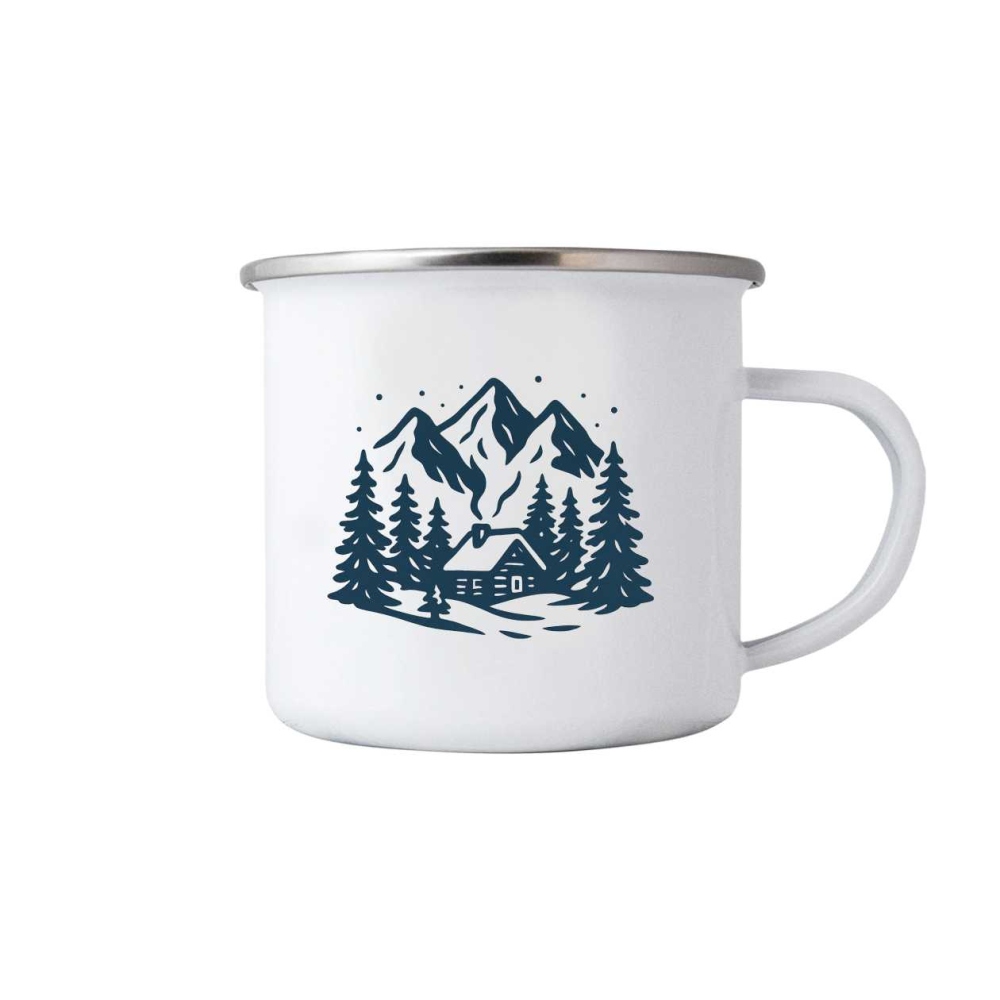 Biely plechový hrnček 380ml s obrázkom - zasnežené údolie