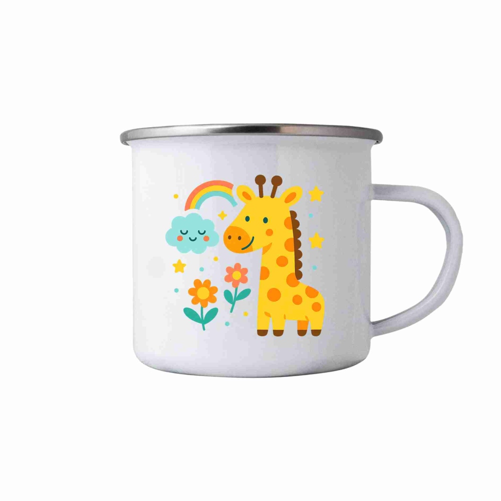 Biely plechový hrnček 380ml s obrázkom - žirafa
