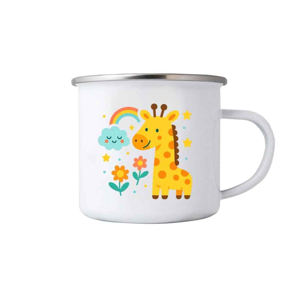 Biely plechový hrnček 380ml s obrázkom - žirafa