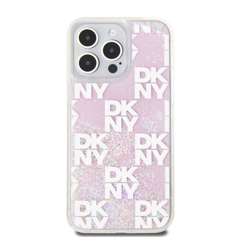 DKNY Liquid Glitter Checkered Pattern Zadný Kryt pre iPhone 15 Pro Max Pink