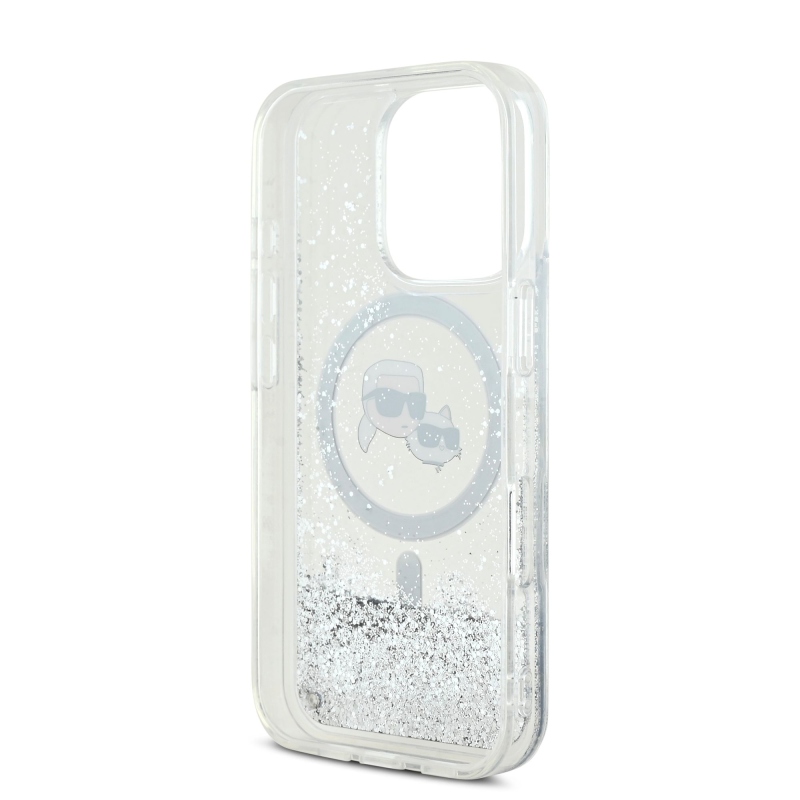 Karl Lagerfeld Liquid Glitter Karl and Choupette Heads MagSafe Zadný Kryt pre iPhone 16 Pro Transparent