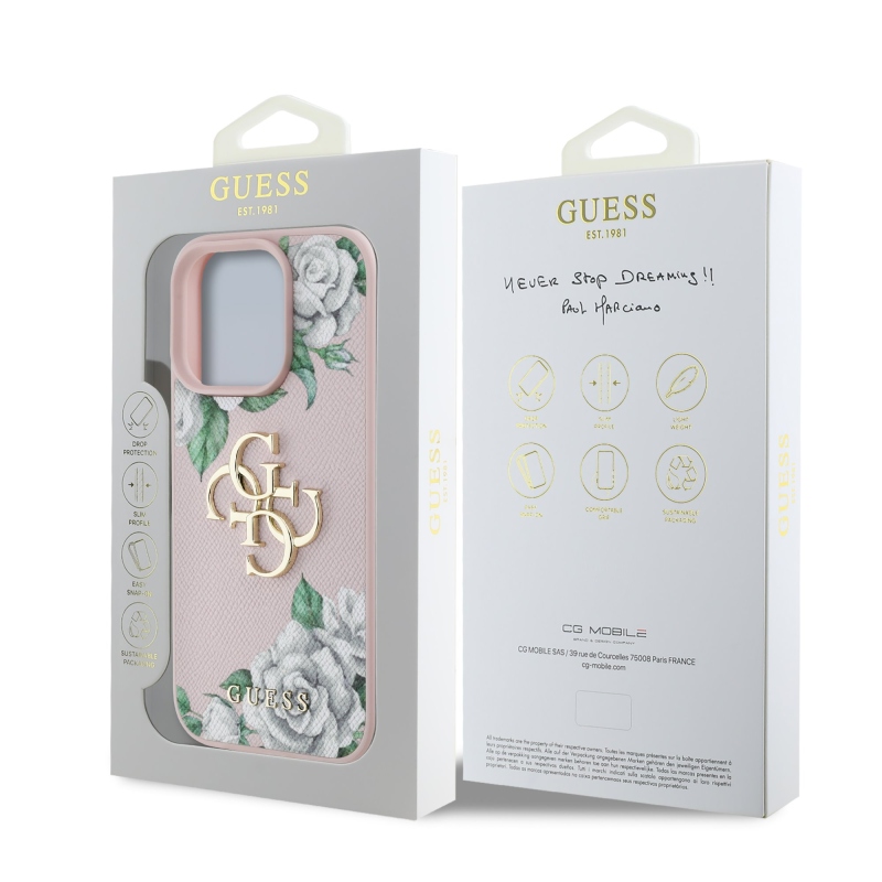 Guess PU Grained Roses 4G Metal Logo Zadný Kryt pre iPhone 16 Pro Pink