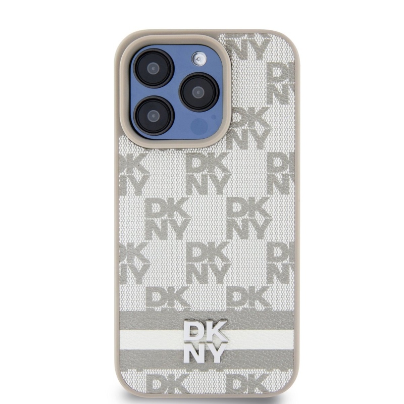 DKNY PU Leather Checkered Pattern and Stripe Zadný Kryt pre iPhone 15 Pro Max Beige