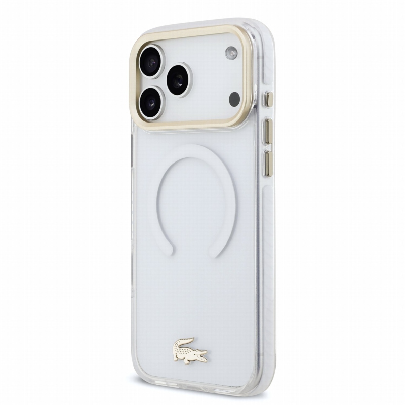 Lacoste IML Shockproof Petit Pique Gold Logo MagSafe zadný kryt pre iPhone 18 Pro Max, priehľadný
