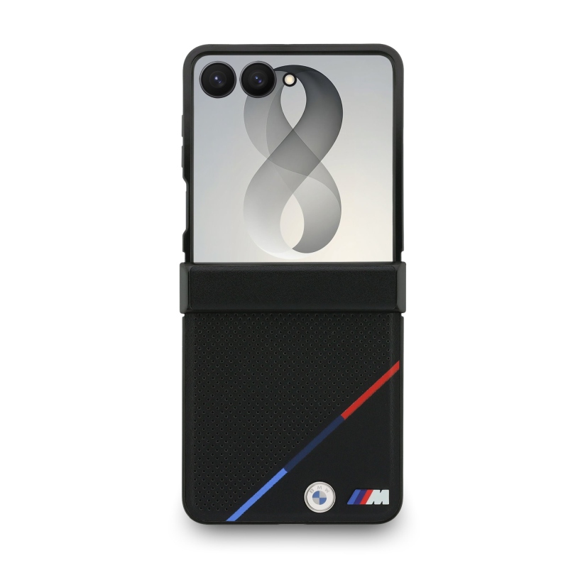 BMW M PU perforovaný kryt s trojfarebnými pruhmi a magnetickým uchytením na zadnú stranu pre Samsung Galaxy Z Flip 8, čierny