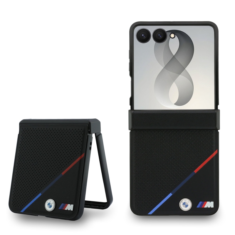 BMW M PU perforovaný kryt s trojfarebnými pruhmi a magnetickým uchytením na zadnú stranu pre Samsung Galaxy Z Flip 8, čierny